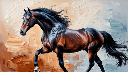Digital painting of a horse with black mane in motion. Side view.の素材