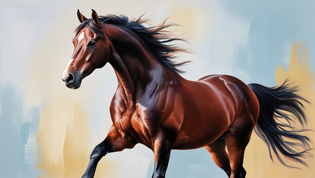 Beautiful bay horse in motion. Realistic 3D illustration.の素材