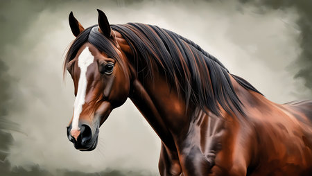 Portrait of a beautiful bay horse with long mane. Digital paintingの素材