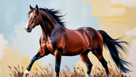 Beautiful bay horse with long mane in field. Digital paintingの素材