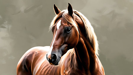 Portrait of a bay horse with long mane on gray backgroundの素材