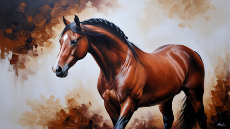 Digital painting of a bay horse in motion. Digital painting on canvas.の素材