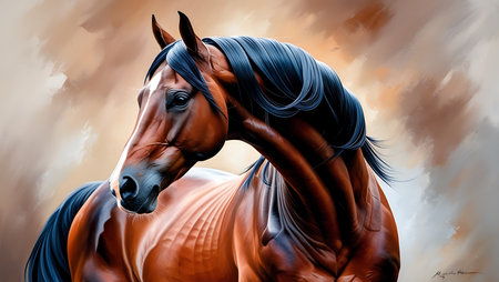 Digital painting of a bay horse with long mane in the skyの素材