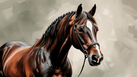 Portrait of a bay horse on a light background. Digital painting.の素材