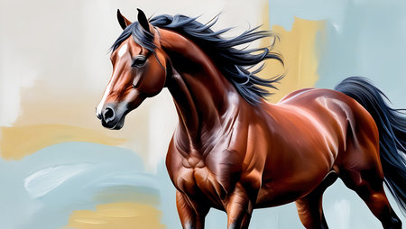 Beautiful brown horse with long mane on abstract background. Digital painting.の素材