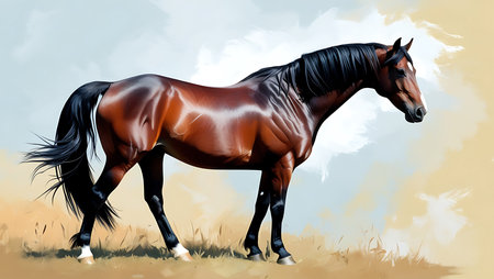 Illustration of a bay horse standing in a field on a sunny dayの素材