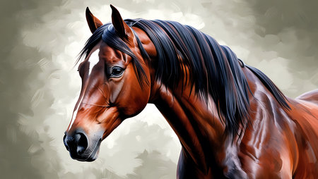 Digital painting of a bay horse with black mane and long maneの素材