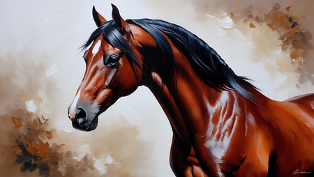 Digital painting of a bay horse in profile on a white background.の素材