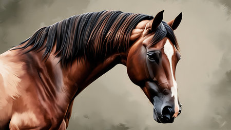 Realistic portrait of a bay horse on a grunge background.の素材