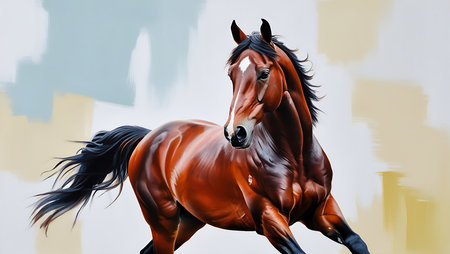 Beautiful bay stallion running in the studio on a white backgroundの素材