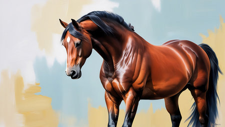 Beautiful bay horse with long mane portrait. Digital painting.の素材