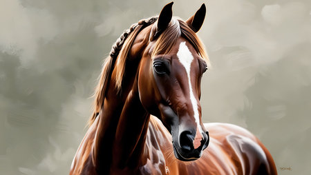 Portrait of a beautiful bay horse with long mane. Digital painting.の素材