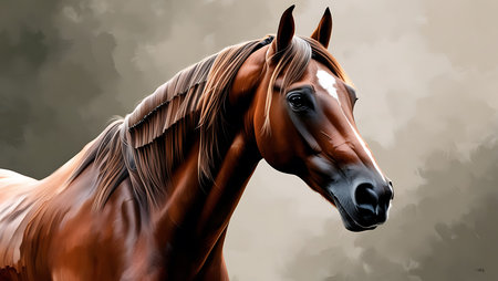 Portrait of a bay horse with long mane. Digital painting.の素材