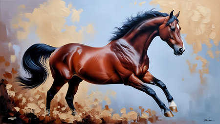Painting of a bay horse on a background of autumn leaves.の素材