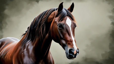 Beautiful bay horse portrait. Digital painting. 3D illustration.の素材