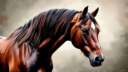 Digital painting of a chestnut horse with a black mane.の素材