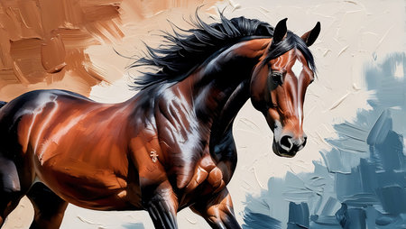 Digital painting of a bay horse in front of a grunge backgroundの素材