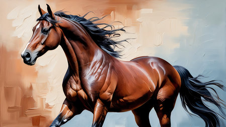 Digital painting of a bay horse with long mane in motion.の素材