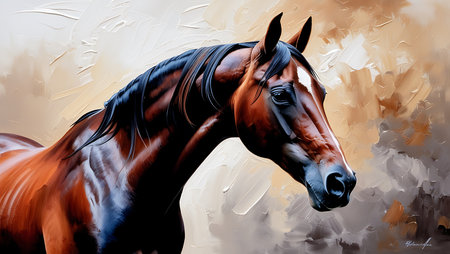 Digital painting of a bay horse in motion. Digital painting combined with an oil painting.の素材