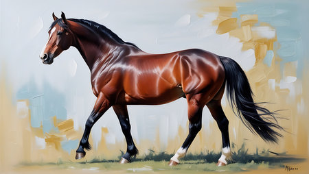 Illustration of a bay horse in motion on a background of an autumn landscapeの素材