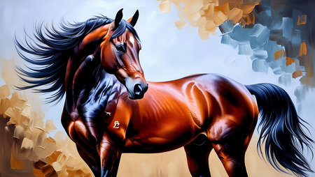 Digital painting of a bay horse against a background of abstract shapes.の素材