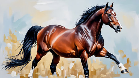 Digital illustration of a bay horse with black mane in motion.の素材
