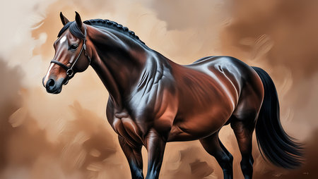 Beautiful bay horse portrait on a brown background. 3D renderingの素材