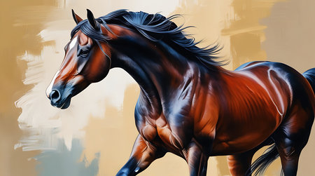 Digital painting of a bay horse with black mane in motion.の素材