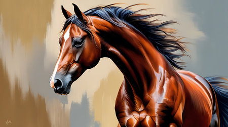 Digital painting of a bay horse with black mane and long maneの素材