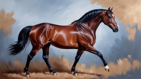 Digital painting of a bay horse with black mane in motion.の素材