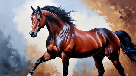 Horse painting on canvas. Digital painting of a bay horse.の素材