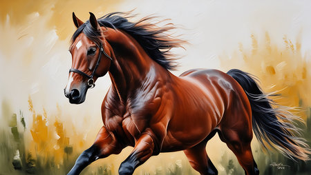 Beautiful bay horse with long mane in motion. Digital paintingの素材