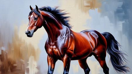 Digital painting of a bay horse in front of a cityscape.の素材