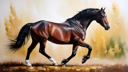 Beautiful bay horse with long mane in the field. Digital paintingの素材