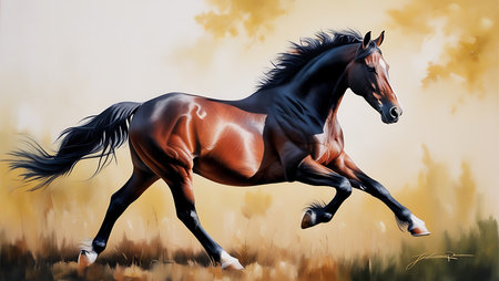Horse running gallop in the field. Digital painting illustration.の素材