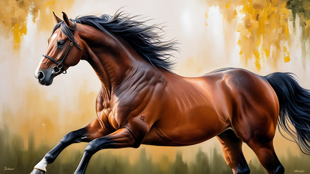 Beautiful bay stallion galloping in autumn landscape. Digital paintingの素材