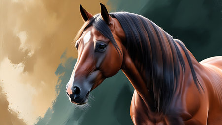 Portrait of a bay horse on a grunge background. 3d renderingの素材