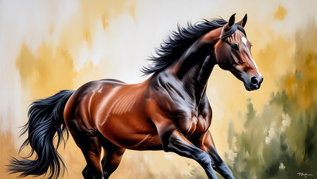 Illustration of a beautiful bay horse in motion. Digital painting.の素材