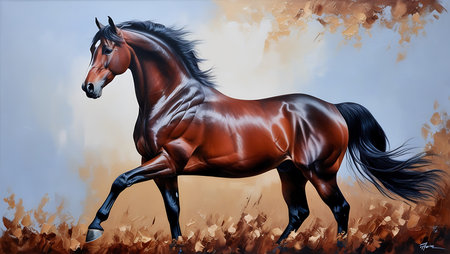 Beautiful bay horse with long mane in the field. Digital painting.の素材