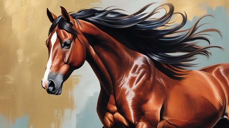 Beautiful bay horse portrait with long mane. Digital painting.の素材
