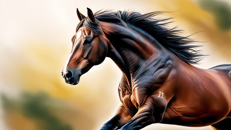 Beautiful bay stallion with long mane on blurred background.の素材