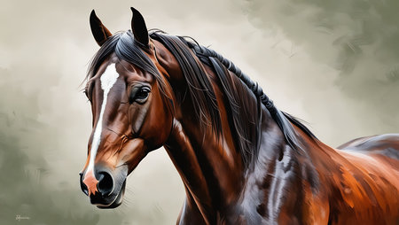 Digital painting of a chestnut horse with long mane in profileの素材