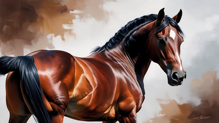 Digital painting of a bay horse in black and brown colors with grunge effectの素材