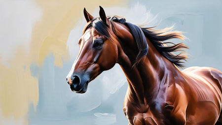 Portrait of a bay horse with a long mane in motionの素材