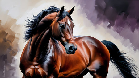Digital painting of a bay horse with black mane in motion.の素材