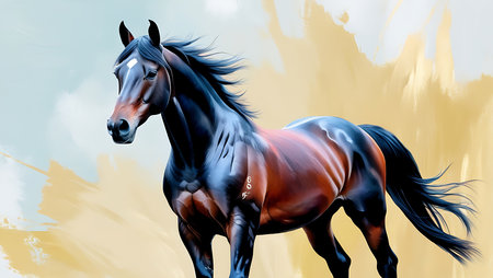 Digital painting of a horse in black on a grunge background.の素材
