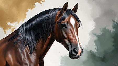 Portrait of bay horse with black mane in the studio.の素材