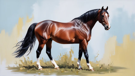 Beautiful bay stallion with long mane. Digital painting.の素材