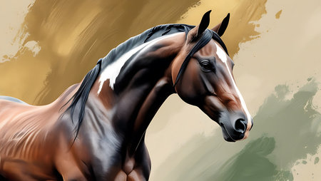 Beautiful bay horse on a colored background. Realistic illustration.の素材