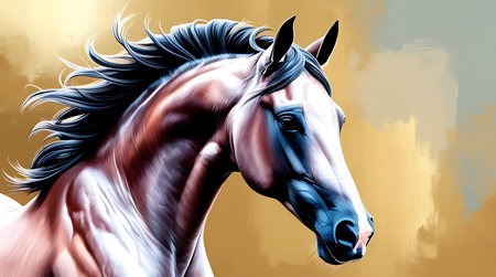 Digital painting of a horse head with mane in black and whiteの素材